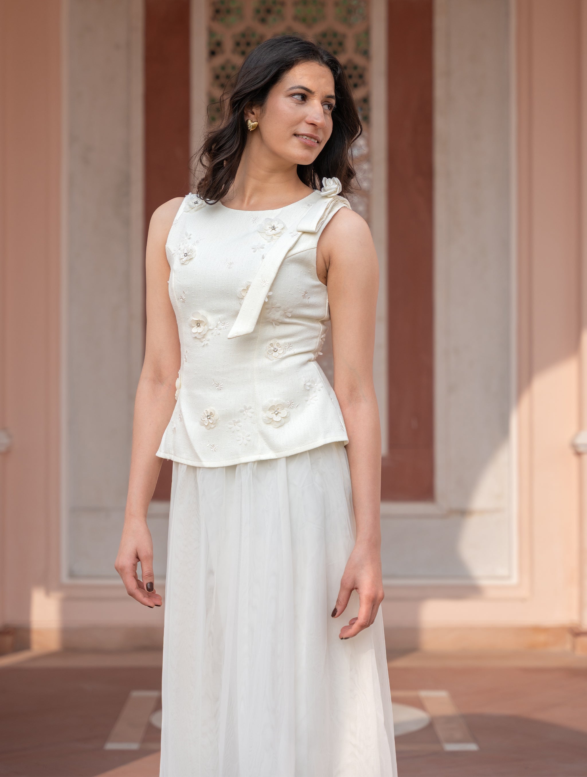 Flower Applique Tulle Long Dress - Snowfall White