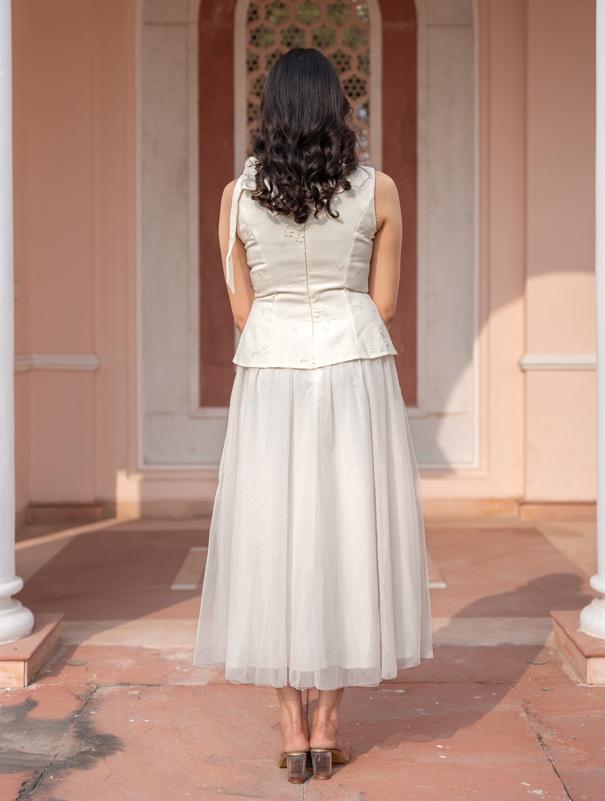 Flower Applique Tulle Long Dress - Snowfall White