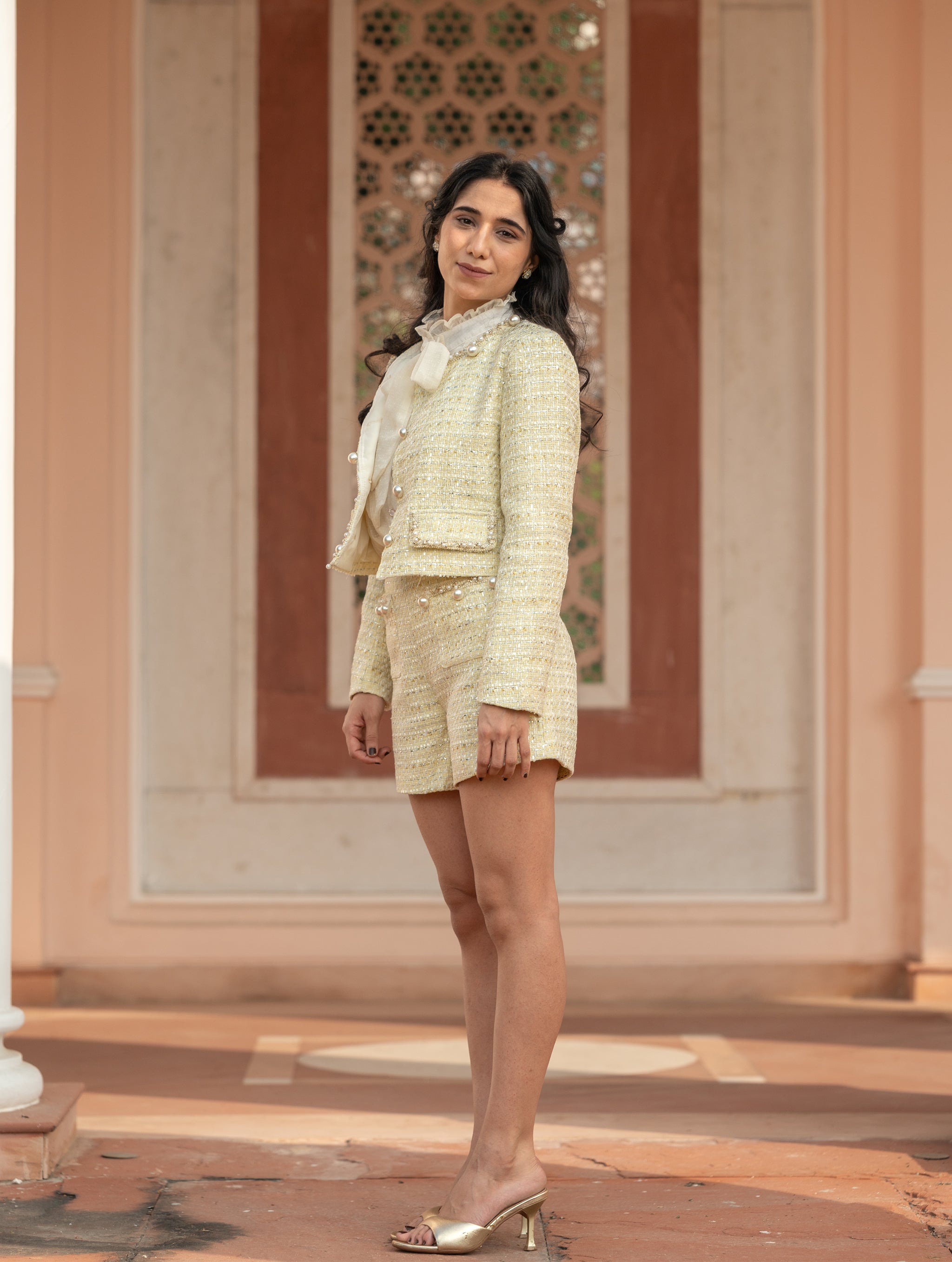⁠Tweed Pearl Embellished Jacket & Shorts Set - Marigold Yellow