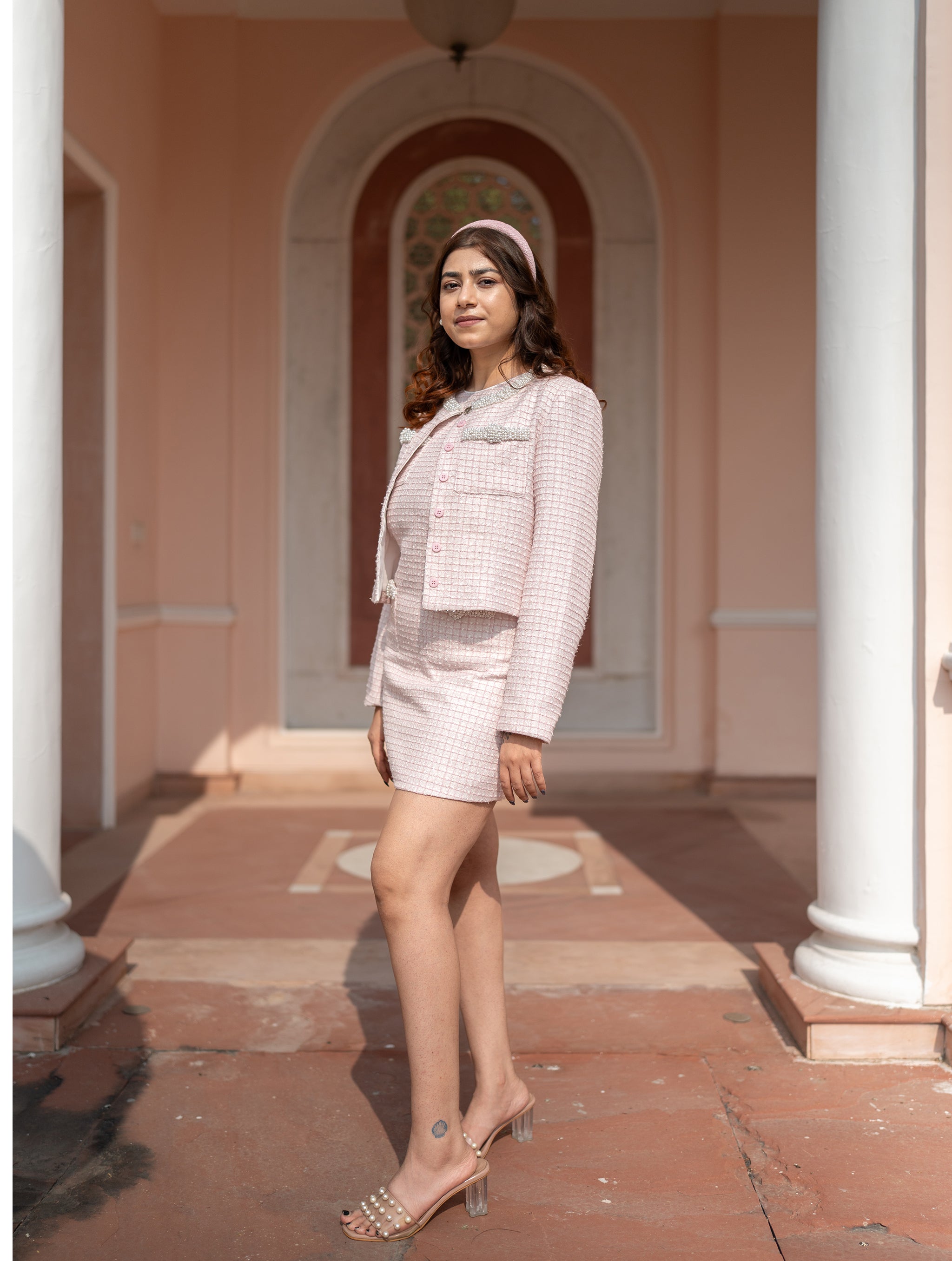 Tweed Pearl Embellished Dress and Jacket Set - Rosé Pink