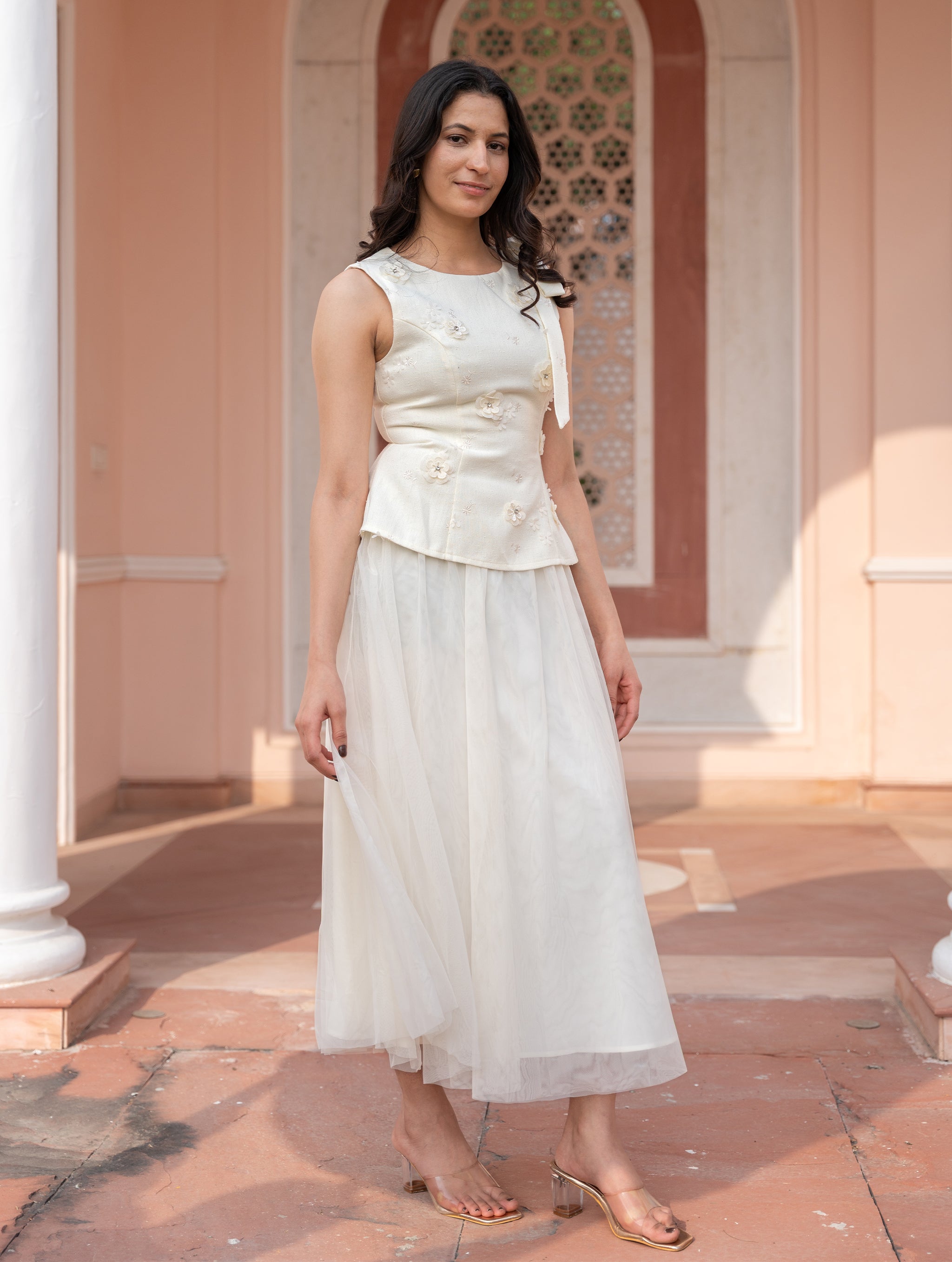 Flower Applique Tulle Long Dress - Snowfall White My Store Flower Applique Tulle Long Dress - Snowfall White My Store