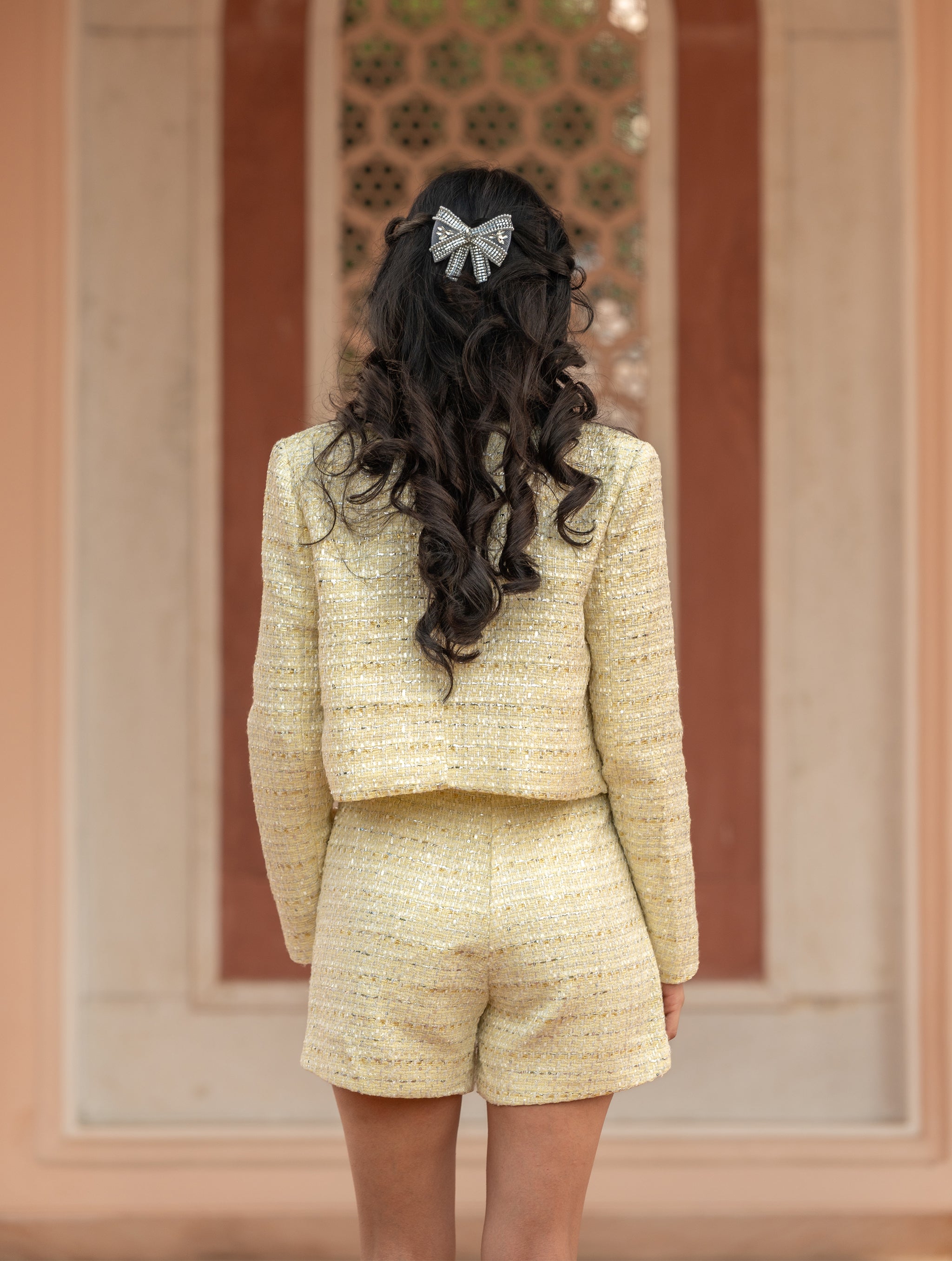 ⁠Tweed Pearl Embellished Jacket & Shorts Set - Marigold Yellow