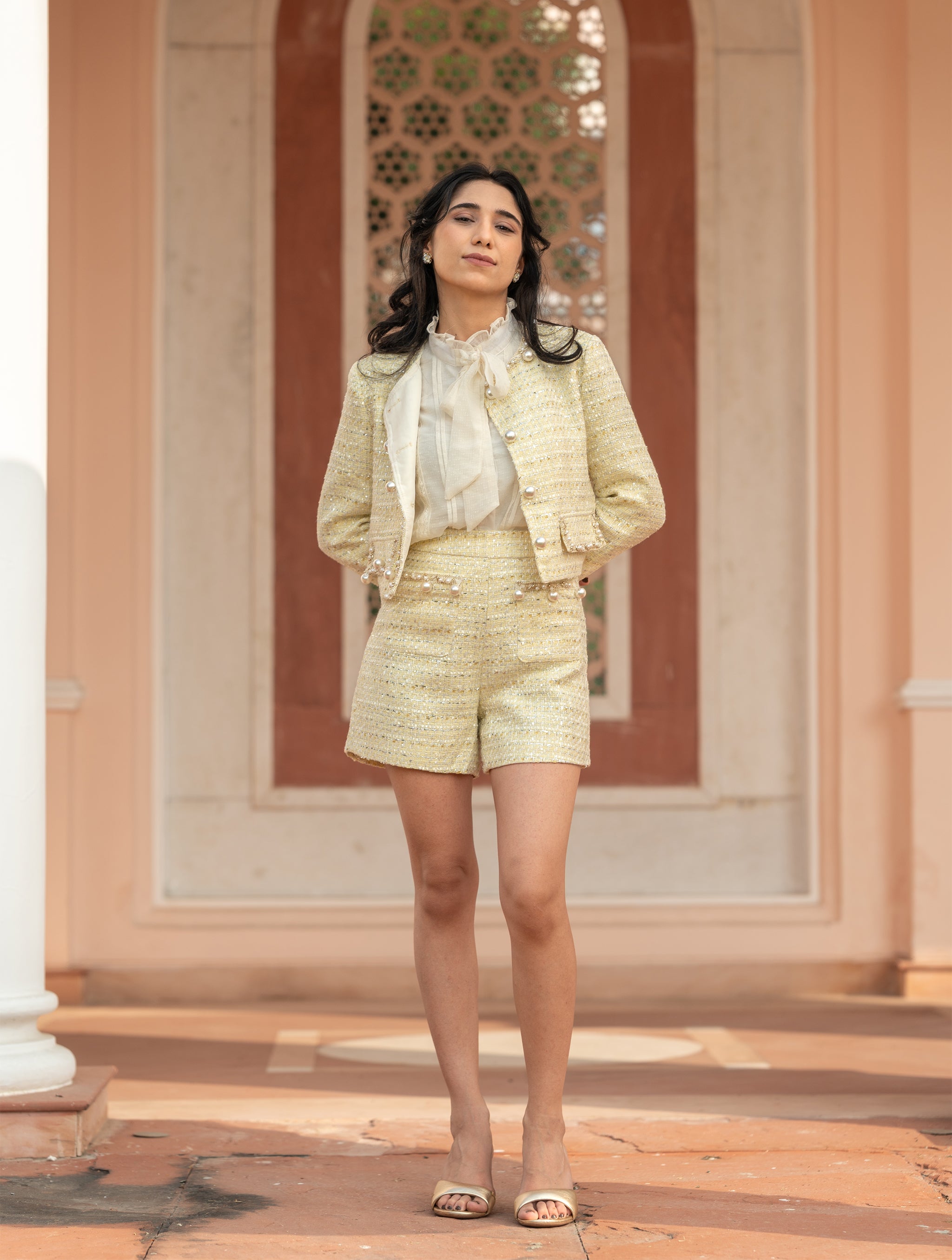 ⁠Tweed Pearl Embellished Jacket & Shorts Set - Marigold Yellow