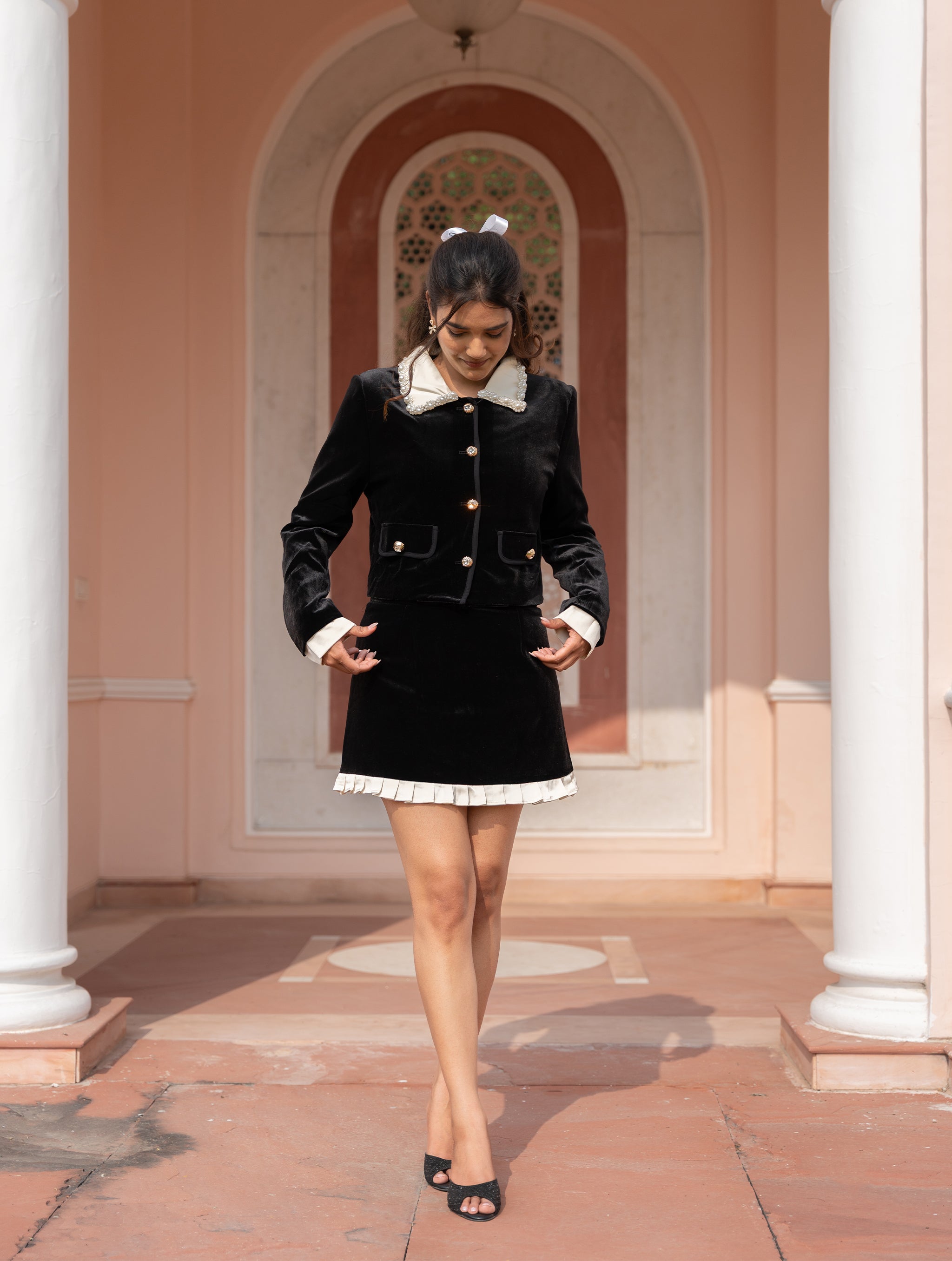 Velvet Pearl Embellished Co-ord set - Black