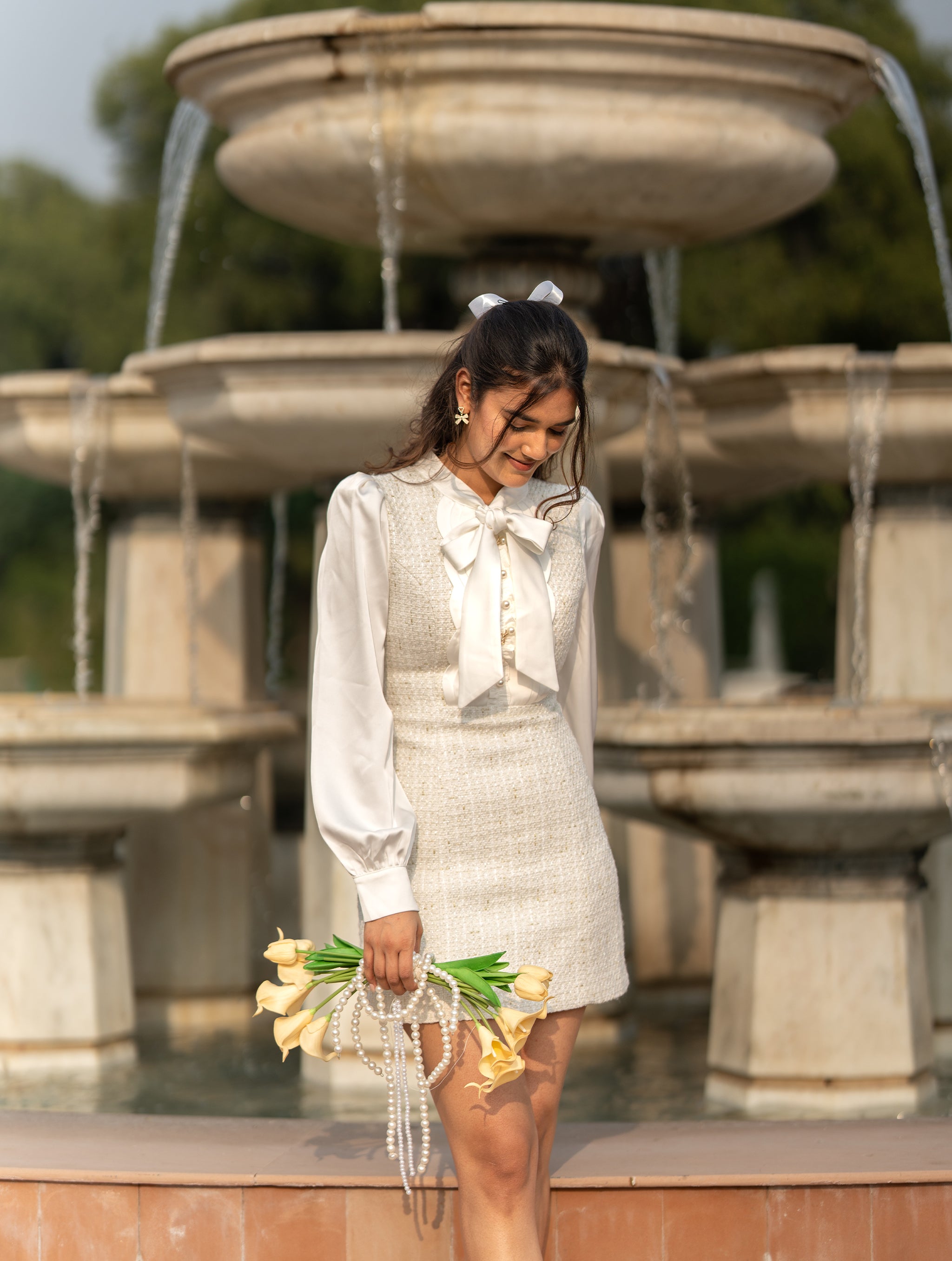 Fairy Tweed Dress with Satin Sleeves - Pearl White