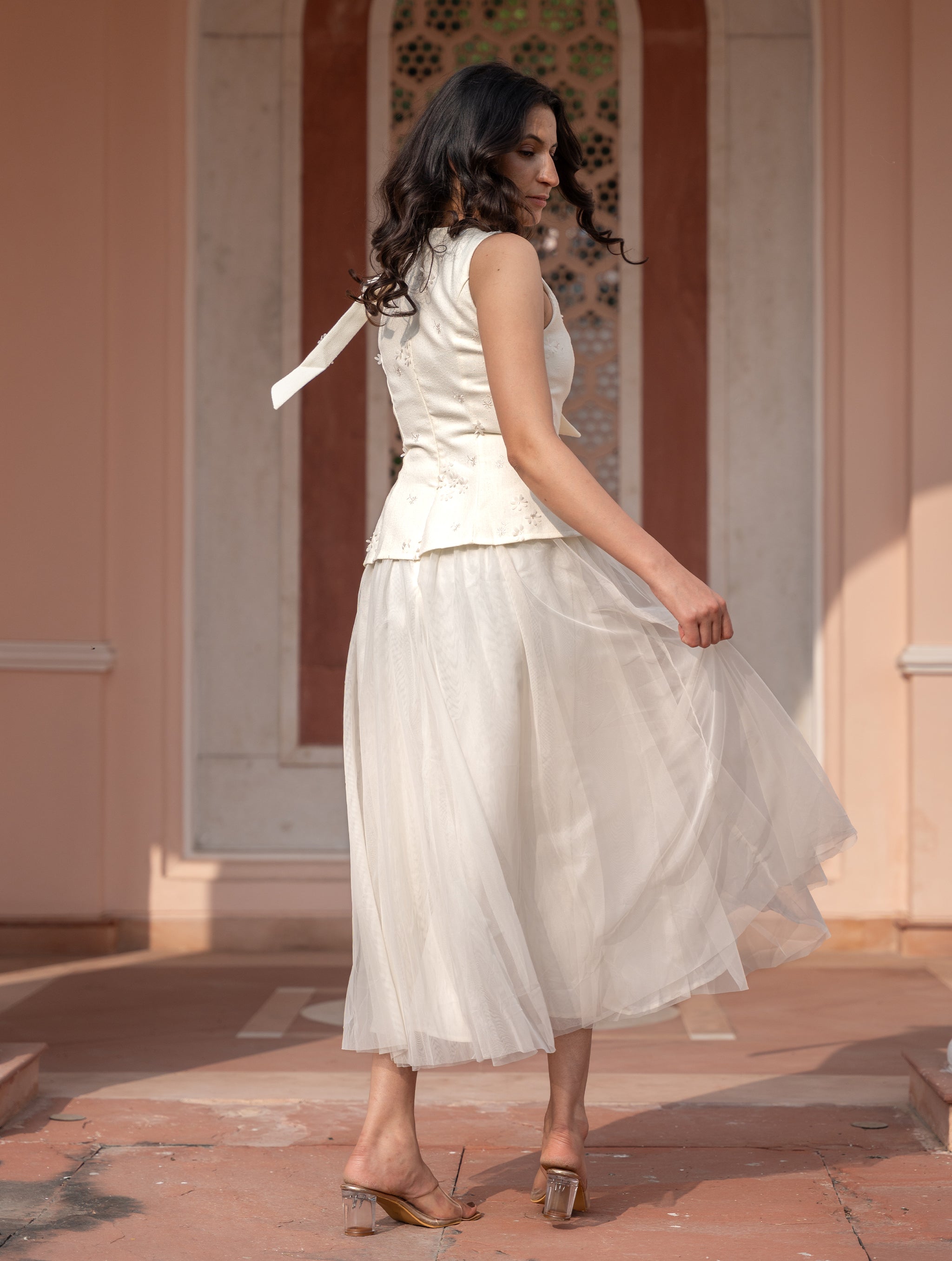 Flower Applique Tulle Long Dress - Snowfall White