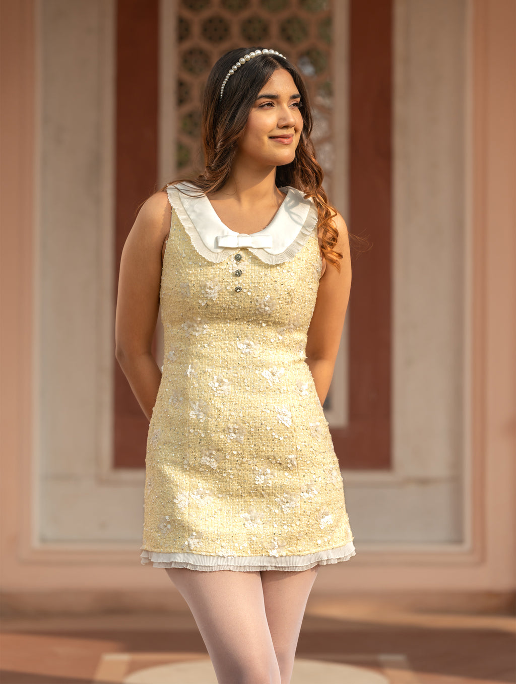 Sequin Tweed Peter Pan Collar Mini Dress - Daisy Yellow