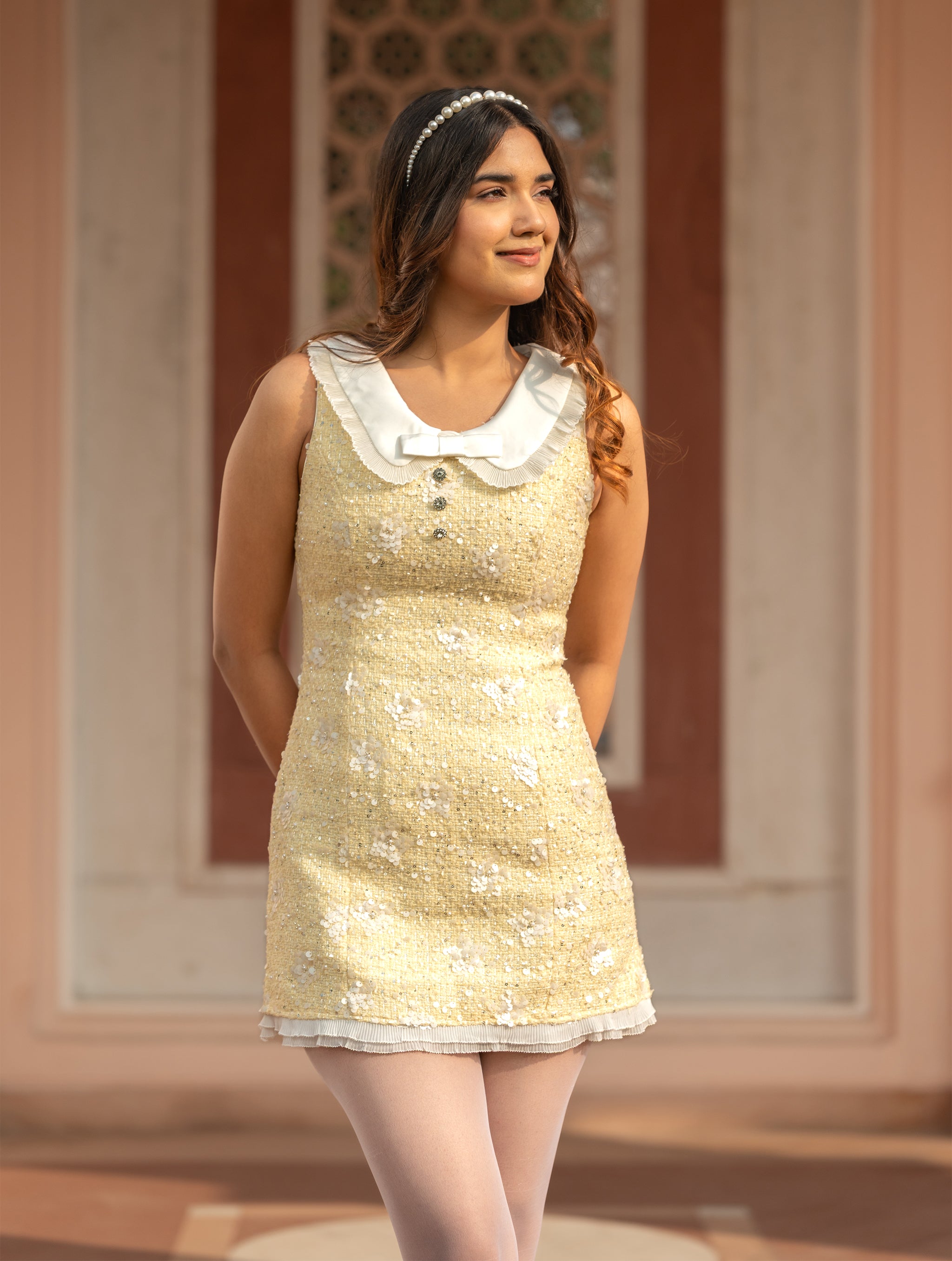 Sequin Tweed Peter Pan Collar Mini Dress - Daisy Yellow