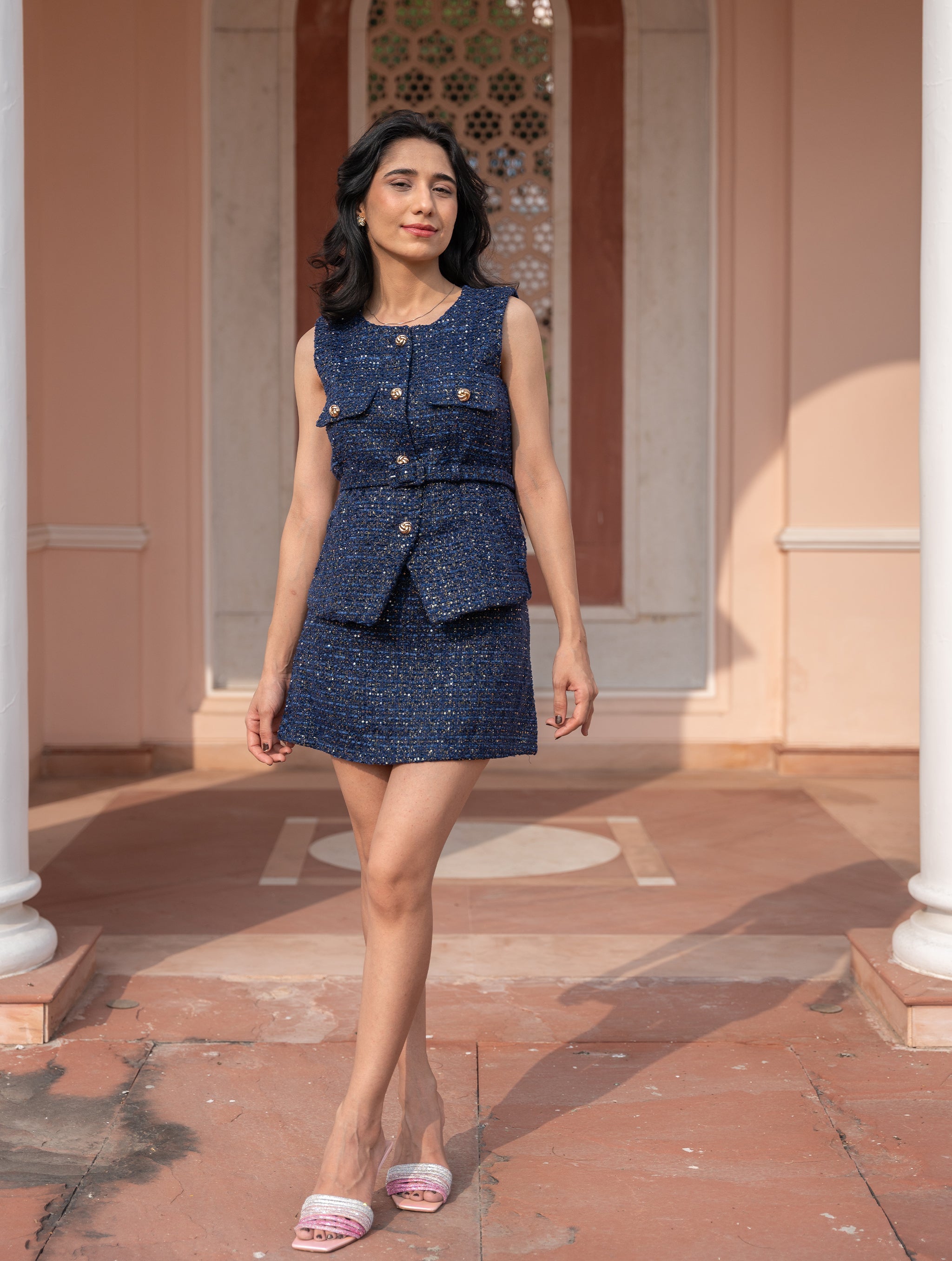 Tweed Vest & Skirt Set - Twilight Blue